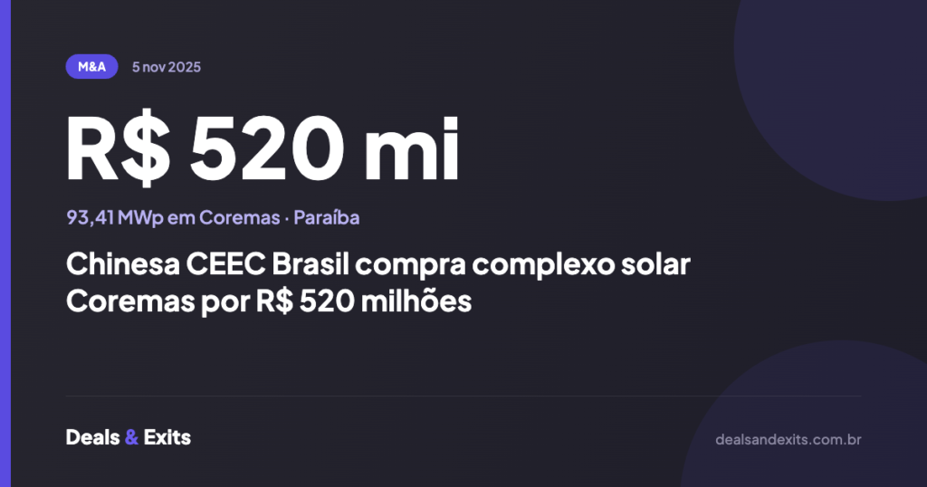 Chinesa CEEC Brasil compra complexo solar Coremas por R$ 520 milhões