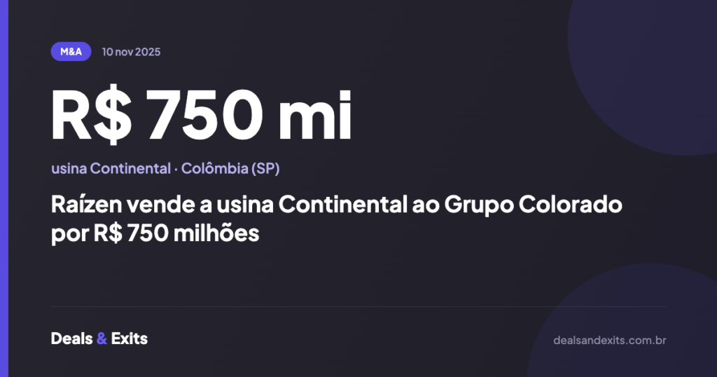 Raízen vende a usina Continental ao Grupo Colorado por R$ 750 milhões
