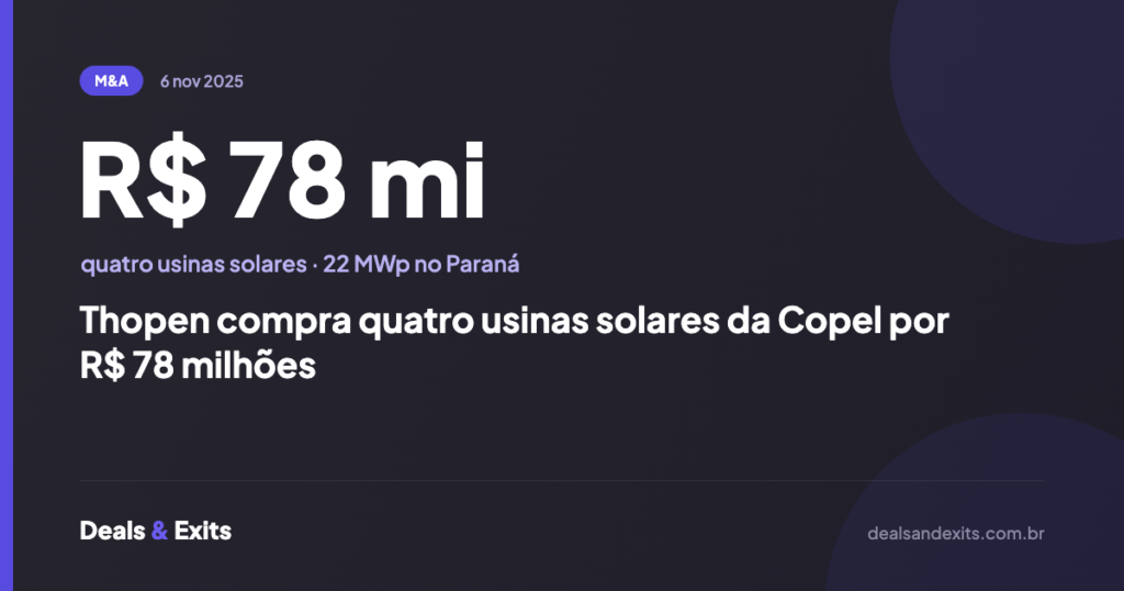 Thopen compra quatro usinas solares da Copel por R$ 78 milhões